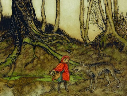 Una ilustración de Caperucita realizada por Arthur Rackham.