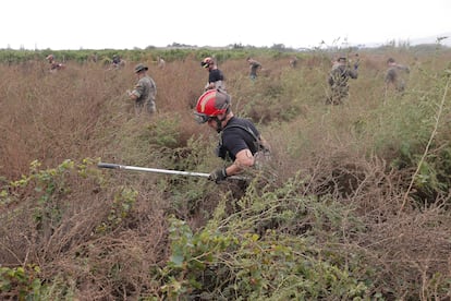 Bomberos, ejército y miembros de la UME trabajan en las labores de búsqueda de desaparecidos en los campos cercanos a la zona de Loriguilla, Valencia, este miércoles. 