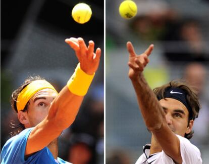 Rafael Nadal y Roger Federer, al saque durante sus partidos de ayer