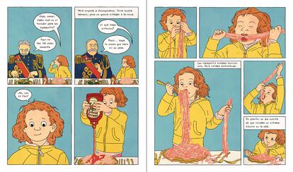 Doble página de 'La cena con la reina', de Rutu Modan, editado por Fulgencio Pimentel.