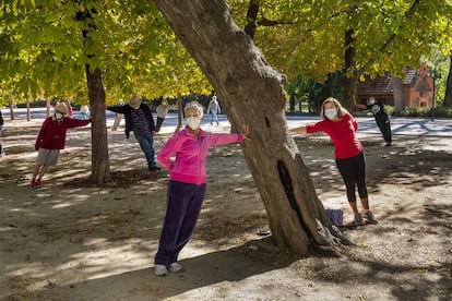 Masked Madrileños take excercise in the Spanish capital's Retiro Park.