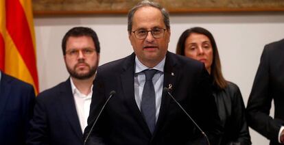 El presidente de la Generalitat de Cataluña, Quim Torra, durante su comparecencia ante los medios tras la reunión extraordinaria del ejecutivo catalán.