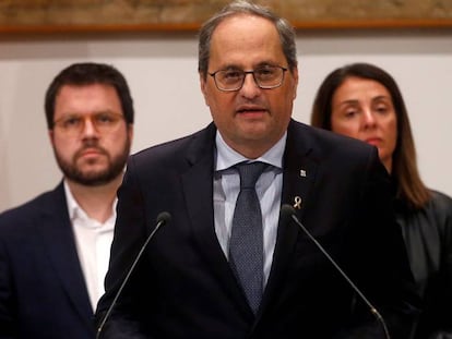 El presidente de la Generalitat de Cataluña, Quim Torra, durante su comparecencia ante los medios tras la reunión extraordinaria del ejecutivo catalán.