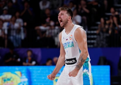 Slovenia's Luka Doncic celebrates a basket on Sept. 1, 2023.