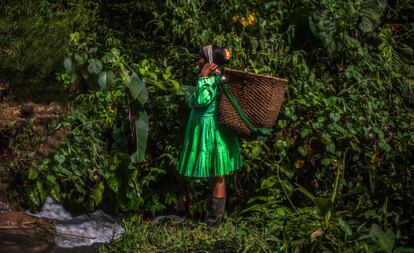 Una mujer del pueblo emberá carga un cesto para cruzar el río San Juan.