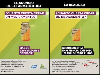 Campa&ntilde;a de Pfizer (traducida al castellano) y la contracampa&ntilde;a de M&eacute;dicos sin Fronteras en un montaje elaborado por la ONG. 