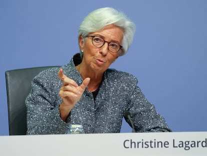 La presidenta del BCE, Christine Lagarde, durante una rueda de prensa celebrada el año pasado en Fráncfort.