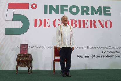 Andrés Manuel López Obrador durante su quinto informe de Gobierno, en Campeche, este viernes.