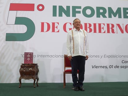 Andrés Manuel López Obrador durante su quinto informe de Gobierno, en Campeche, este viernes.