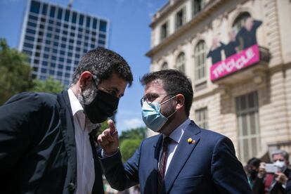 Jordi Sànchez i Pere Aragonès aquest dilluns, en presentar l'acord de Govern.