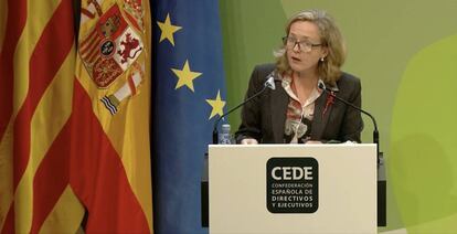 Nadia Calviño, durante su intervención en el Congreso CEDE.