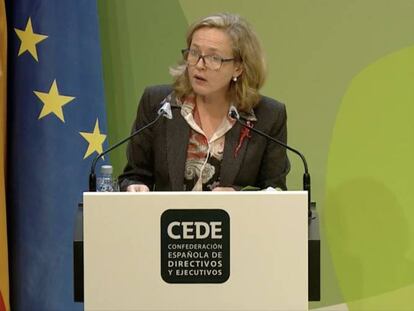 Nadia Calviño, durante su intervención en el Congreso CEDE.