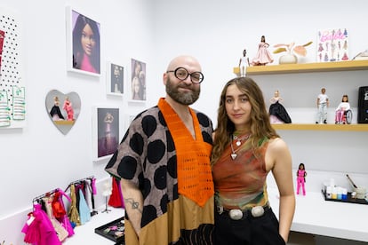 Zlatan Kusnoor, Barbie's social media manager, and Rachel Ritter, the doll's stylist, in the room that is Barbie's closet, in El Segundo, California, in 2024.