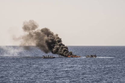 International maritime law requires the ‘pateras’ to be sunk, but in emergencies, the quickest means of rendering them useless is to set them on fire.