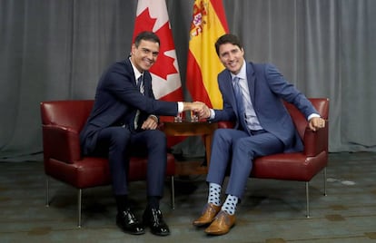 El presidente del Gobierno español, Pedro Sánchez, y primer ministro canadiense, Justin Trudeau, en Montreal, el pasado domingo.