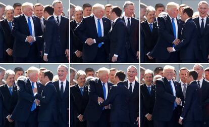 Combo de la secuencia de imágenes del apretón de manos entre Macron y Trump antes de posar para la foto oficial de la cumbre del G7.