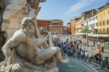 Detalle de la fuente de los Cuatro Ríos de la Piazza Navona, en Roma.