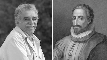 Gabriel García Márquez, retratado en 1986, e ilustración de Miguel de Cervantes.