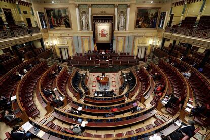 El presidente del Gobierno, Pedro Sánchez, durante su intervención en la sesión de control al ejecutivo celebrada este miércoles en el Congreso.