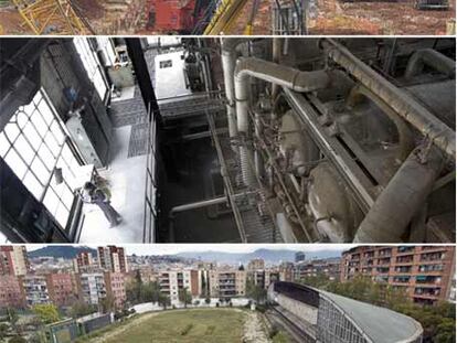Las grúas ya han llegado a la zona de Sagrera. Arriba, se aprecian los trabajos de excavación de la alta velocidad junto al puente de Calatrava; en medio, la sala de calderas de Can Fabra; abajo, el canódromo.
