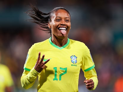 Ary Borges celebrates her third goal in the Brazil vs. Panama match at the World Cup in Australia and New Zealand.