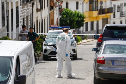 Miembros de la Guardia Civil reúnen evidencias cerca de la vivienda donde se han encontrado los dos cuerpos, en Pozoblanco (Córdoba), este martes.