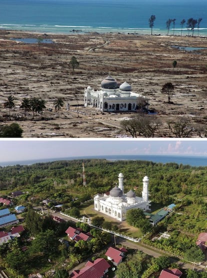 En Laampuk la mezquita aparece como el único edificio que queda en pie después del tsunami. Una década después del desastre que asoló el lugar, el templo presenta dos nuevas torres y la vegetación y otros edificios han vuelto a aparecer, eliminando las huellas de la catástrofe. Fotografías hechas por Joel Saget el 16 de enero de 2004 y por Chaideer Mahyuddin el 1 de diciembre de 2014.