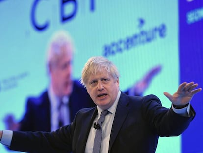 El candidato conservador, Boris Johnson, durante su intervención este lunes en la conferencia anual de la patronal británica CBI, en Londres.