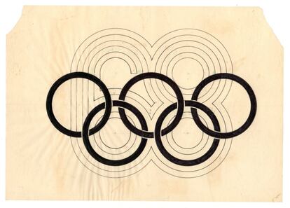 Boceto realizado en 1966 con la integración del 68 y los aros olímpicos. 