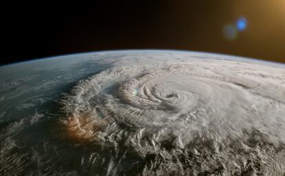 Imagen de satélite de una tormenta tropical-huracán, ciclón o tifón.