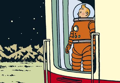 Ilustración de Georges Remi, Hergé, para el álbum Aterrizaje en la Luna, de 1952.