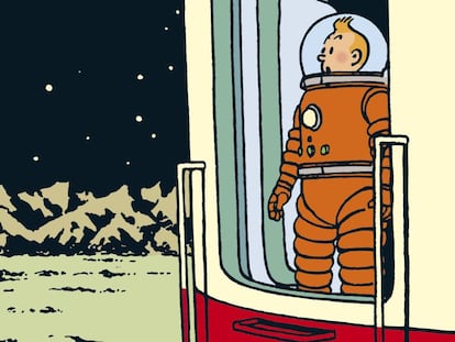 Ilustración de Georges Remi, Hergé, para el álbum Aterrizaje en la Luna, de 1952.