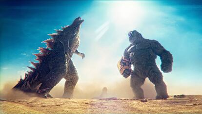 Godzilla (left) and King Kong in a scene from the movie 'Godzilla x Kong: The New Empire.'