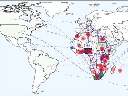 Movimiento de los encuestados hacia dentro y hacia fuera de África a lo largo de estos diez años. Gráfico confeccionado por Hsin-Chou Yang y Chia-Wei.