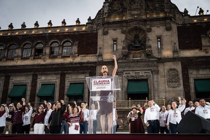 Claudia Sheinbaum, durante su discurso de cierre de campaña en el Zócalo de Ciudad de México.