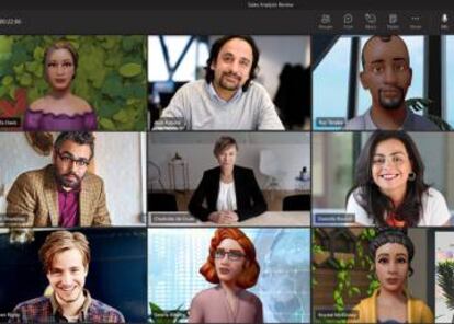Una reunión a través de Teams con participantes representados por avatares.