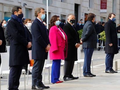 Desde la izquierda, Juan Manuel Moreno, Alberto Núñez Feijóo, Concha Andreu, Víctor Torres, Guillermo Fernández Vara y Alfonso Fernández Mañueco, en un acto en Madrid en 2020.