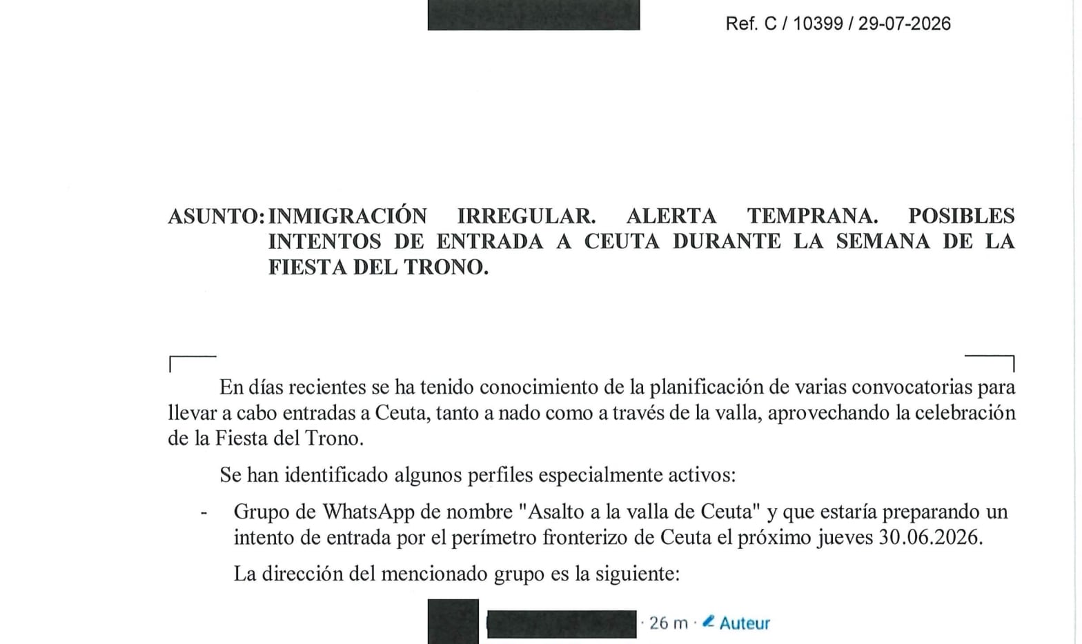 Comienzo de la nota urgente del CNI del 29 de julio