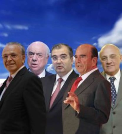 Los presidentes de CaixaBank (Isidro Fain&eacute;), BBVA (Francisco Gonz&aacute;lez), Banco Popular (&Aacute;ngel Ron), Santander (Emilio Bot&iacute;n) y Banco Sabadell (Josep Oli&uacute;).