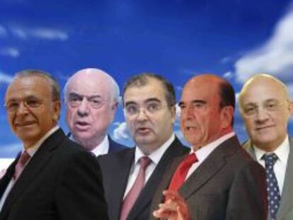 Los presidentes de CaixaBank (Isidro Fain&eacute;), BBVA (Francisco Gonz&aacute;lez), Banco Popular (&Aacute;ngel Ron), Santander (Emilio Bot&iacute;n) y Banco Sabadell (Josep Oli&uacute;).