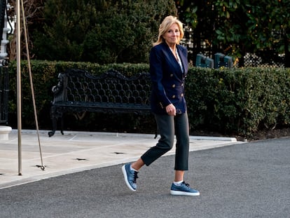 US First Lady Jill Biden exits the White House before boarding Marine One in Washington, DC, US, 11 January 2023.
