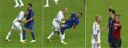 Seqüència de tres fotografies que mostren el moment en què el jugador francès Zinedine Zidane (de blanc) colpeja amb el cap el pit de l'italià Marco Materazzi (blau), durant la final del Mundial de futbol d'Alemanya del 2006, disputada per Itàlia i França a l'Estadi Olímpic de Berlín. Itàlia va aconseguir la seva quarta Copa del Món després d'imposar-se a la tanda de penals.