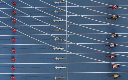 Una serie de 100 metros lisos en los Mundiales de Moscú, en 2013