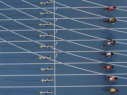 Una sèrie de 100 metres llisos als Mundials de Moscou, el 2013.