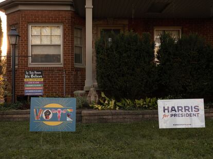 Yard signs in a neighborhood in Dearborn.