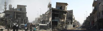 En la primera imagen un grupo de ciudadanos huye de la Ciudad Vieja de Mosul, el 30 de junio de 2017. La segunda imagen, tomada el 8 de enero de 2018, muestra la misma calle seis meses después de que las fuerzas iraquíes liberaran la ciudad.