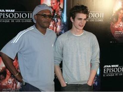 Hayden Christensen (a la derecha) y Samuel L. Jackson, durante la presentación de <b></b><i>El ataque de los clones</i> en Madrid.