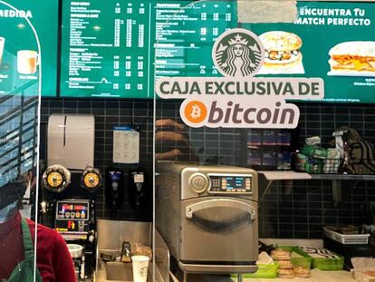 Caja exclusiva de bitcóins en un Starbucks de San Salvador, este martes.