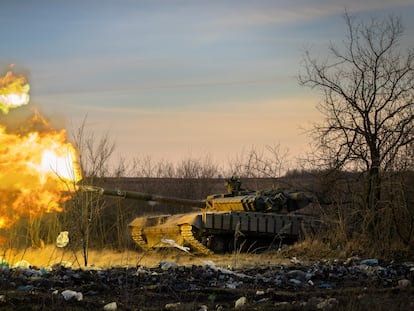 A Ukrainian tank attacks Russian positions in Chasiv Yar, Donetsk, on February 29.