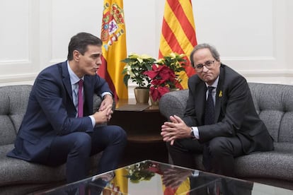 Pedro Sánchez i Quim Torra en la reunió de Pedralbes.